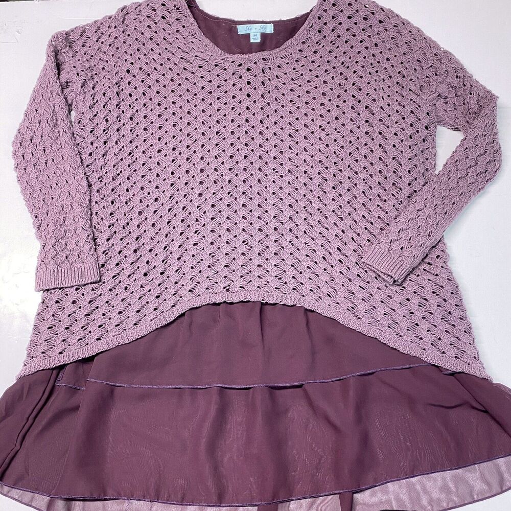 Tunic Sweater She + Sky Sz Medium Purple Crochet Layered Long Sleeve Shirt Boho